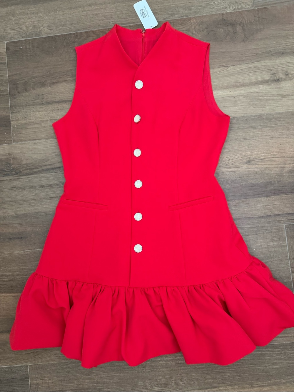 Ina Bright Red Sleeveless Ruffle-Hem Dress with Decorative Buttons